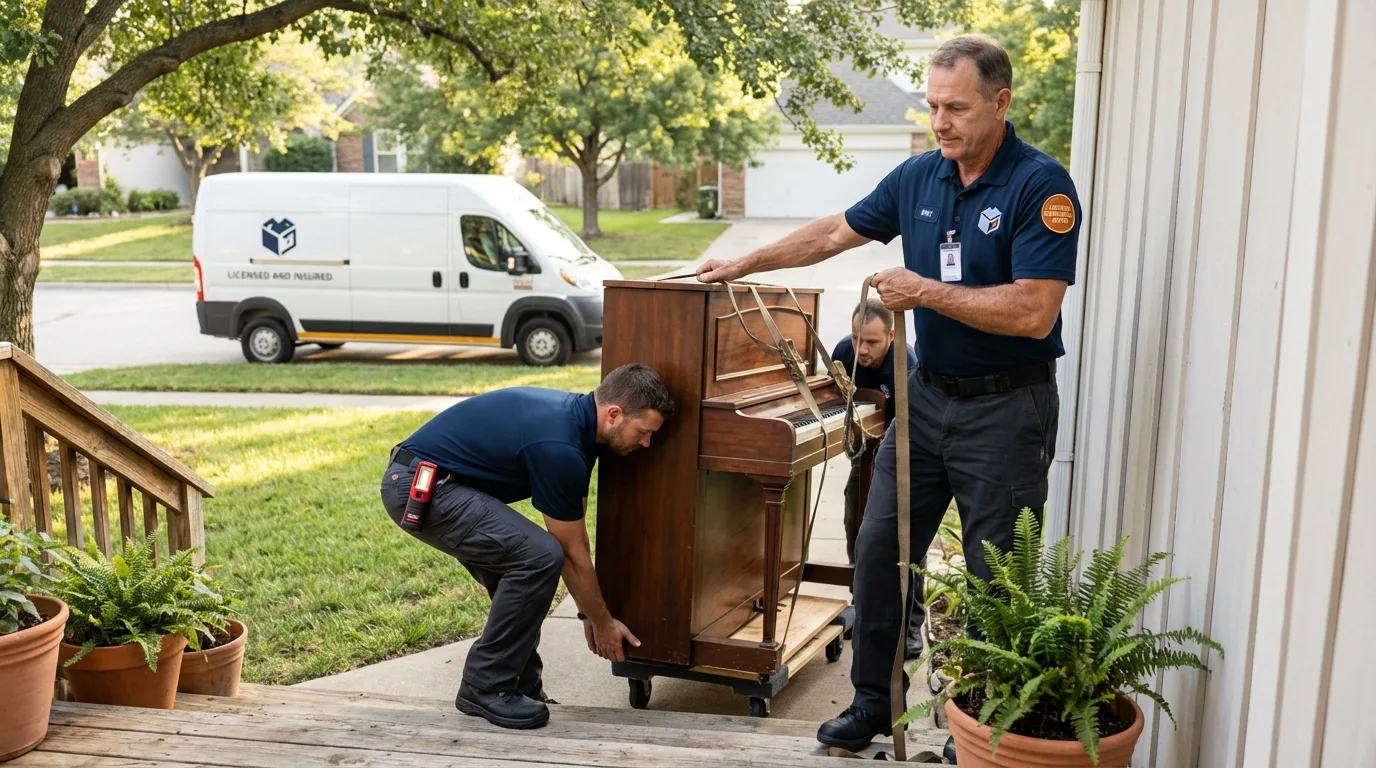 Licensed piano movers securing grand piano in Emerson, NJ