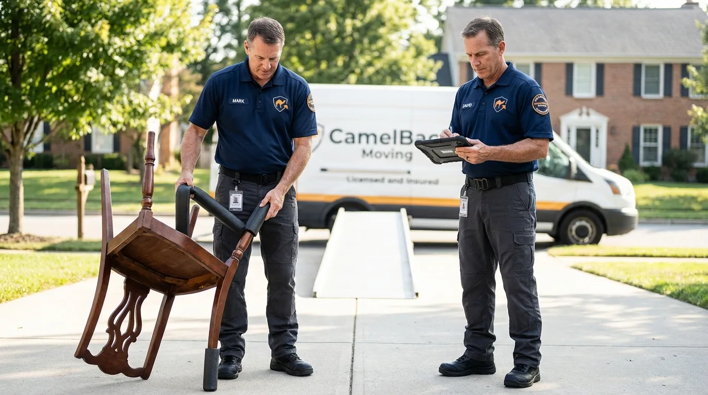 Movers inspecting furniture for damage prevention before loading in Emerson, NJ