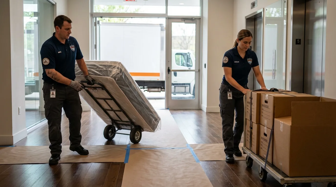 Professional apartment movers loading elevator in Emerson, NJ