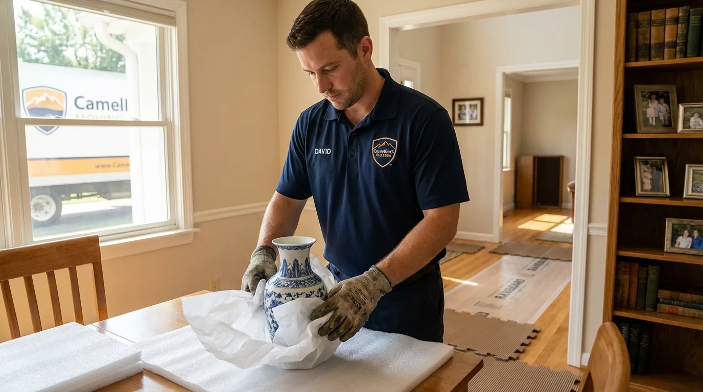 Professional crew carefully wrapping antique vase for senior downsizing move in Emerson, NJ
